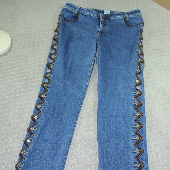Lawman World-class Denim Jeans 15/16 100% Cotton Leather Zig Zag Trim Blue Jeans - Picture 1 of 7